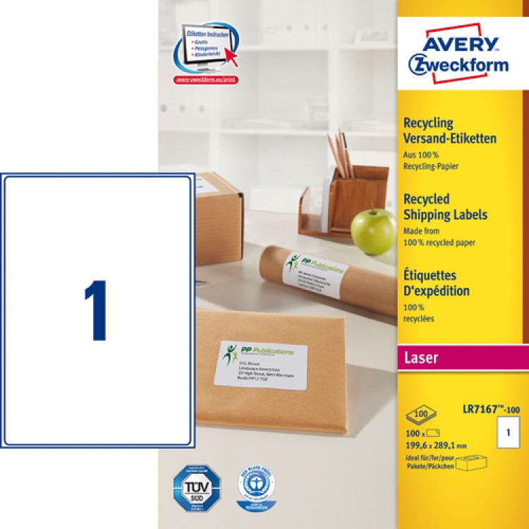 Fraktetikett Avery Recycled LR7167 199,6x289,1mm 100st/fp