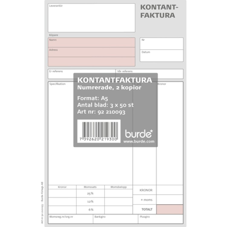 Kontantfaktura A5 numrerade 3x50 blad