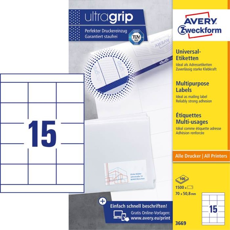 Universaletikett Avery Ultragrip 3669 70x50,8mm 1500st/fp