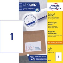 Universaletikett Avery Ultragrip 3478 210x297mm 100st/fp